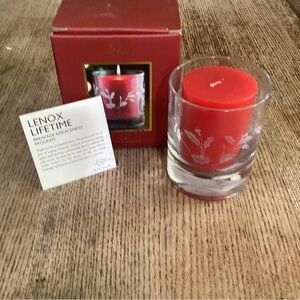 Lenox Holiday Frosted Crystal Candle + Holder Etched Holly Berries Leaves